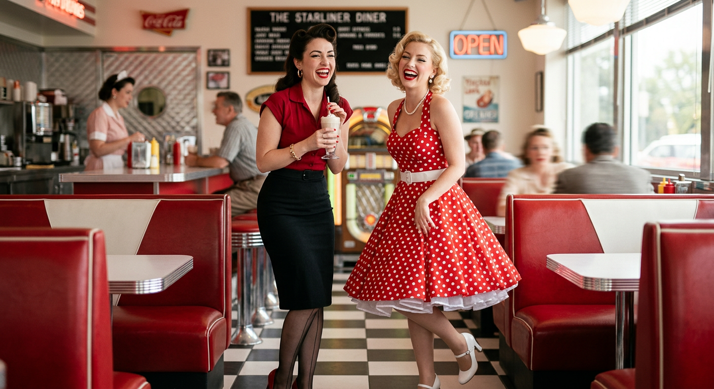 Comparatif de looks pin-up : une femme en jupe crayon et l'autre en robe évasée des années 50.