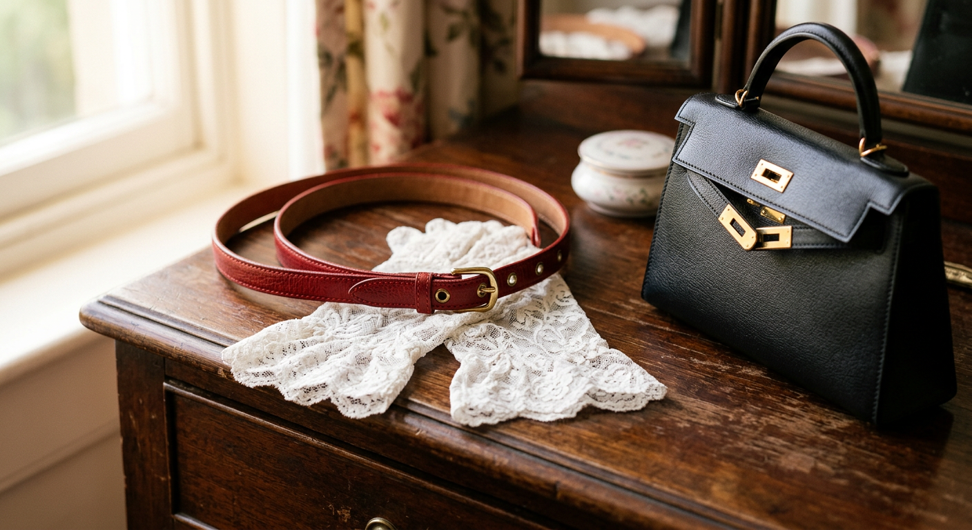 Gros plan sur des accessoires vintage : une ceinture fine en cuir rouge, des gants courts en dentelle blanche et un sac à main structuré.
