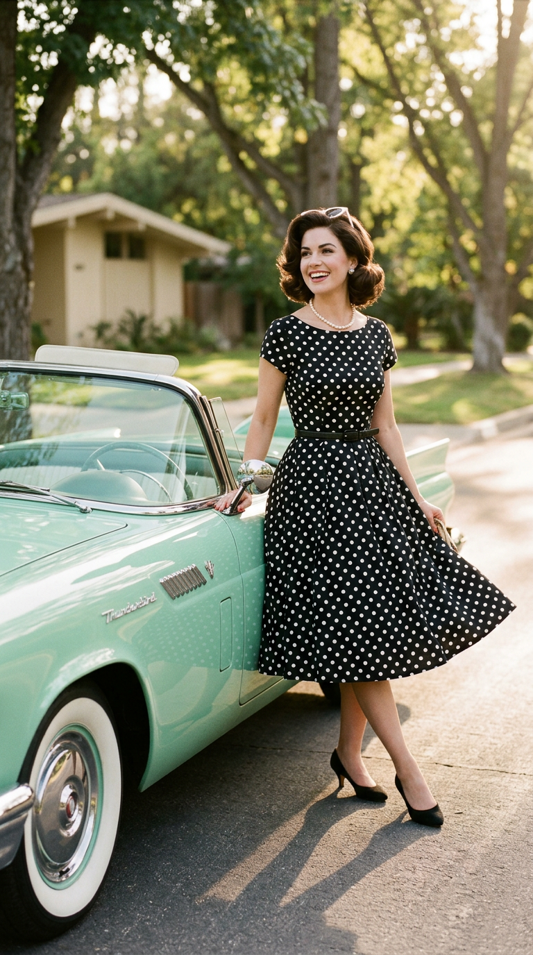 Une femme élégante des années 50 en robe swing à pois noirs et blancs, posant devant une voiture de collection.