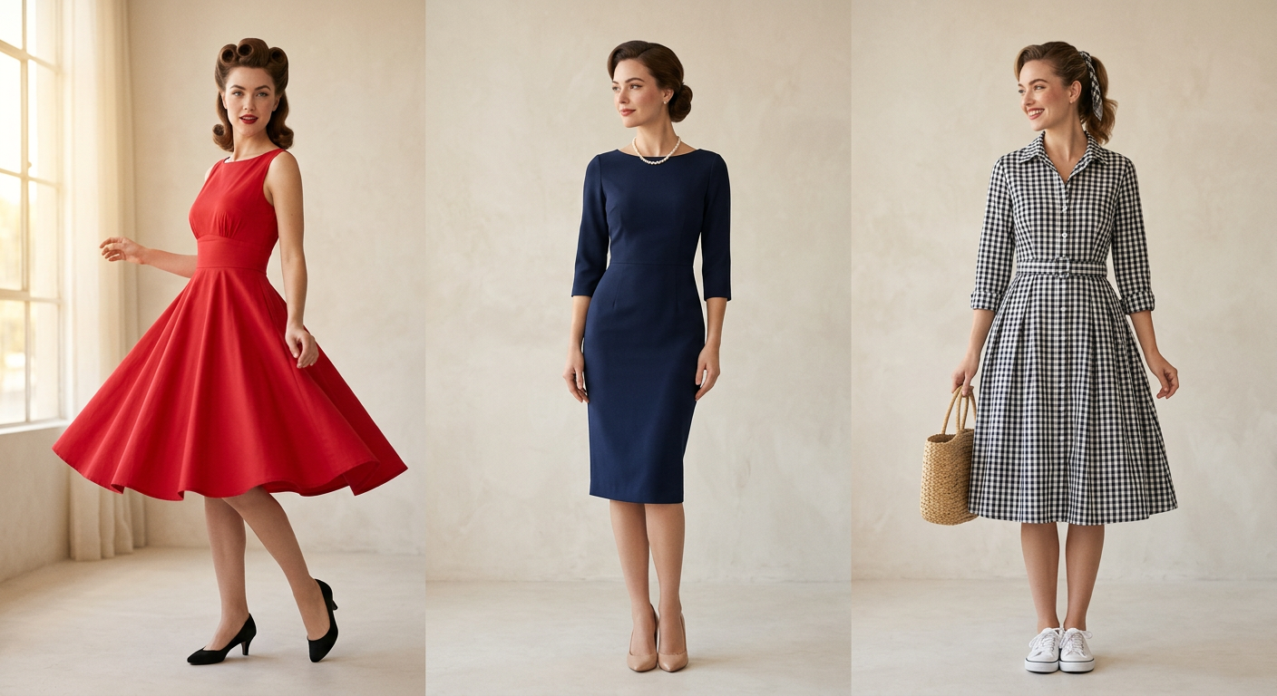Lookbook présentant plusieurs styles de robes années 50 : une robe swing évasée, une robe fourreau ajustée et une robe chemisier.